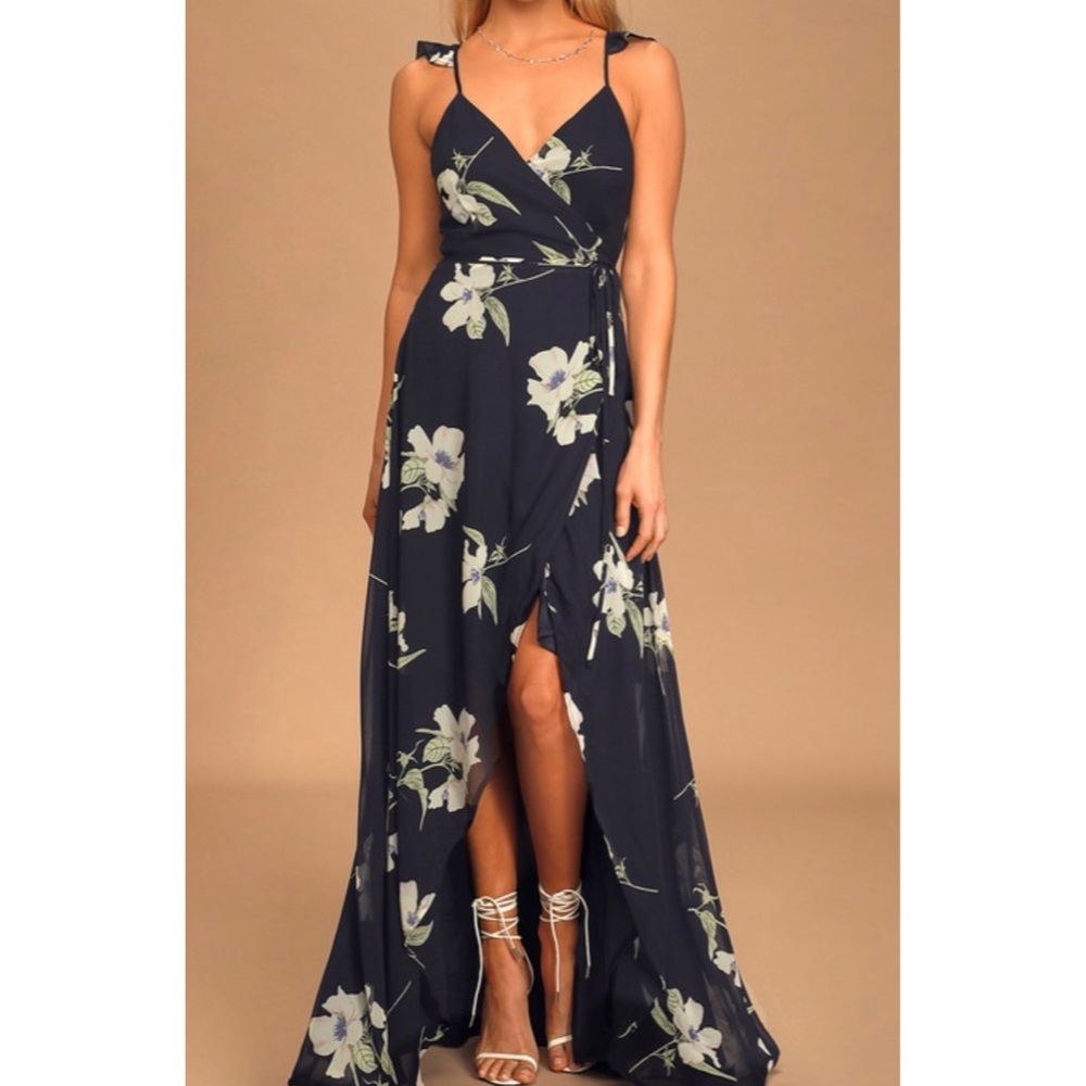 Navy Blue Floral Print High-Low Wrap Dress